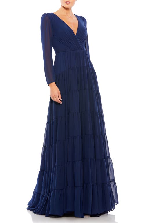 Mac Duggal Long Sleeve Ruffle Tiered Evening Gown In Blue