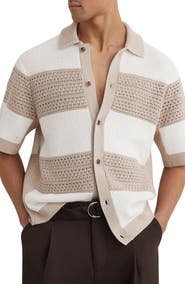 Reiss Marek Open Knit Short Sleeve Button-Up Shirt