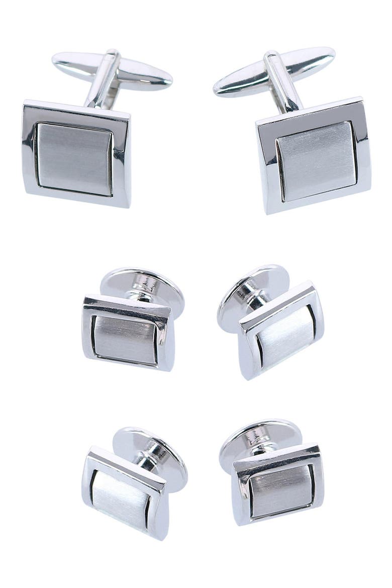 The Plaza Square Cuff Link & Stud Set, Main, color, SILVER