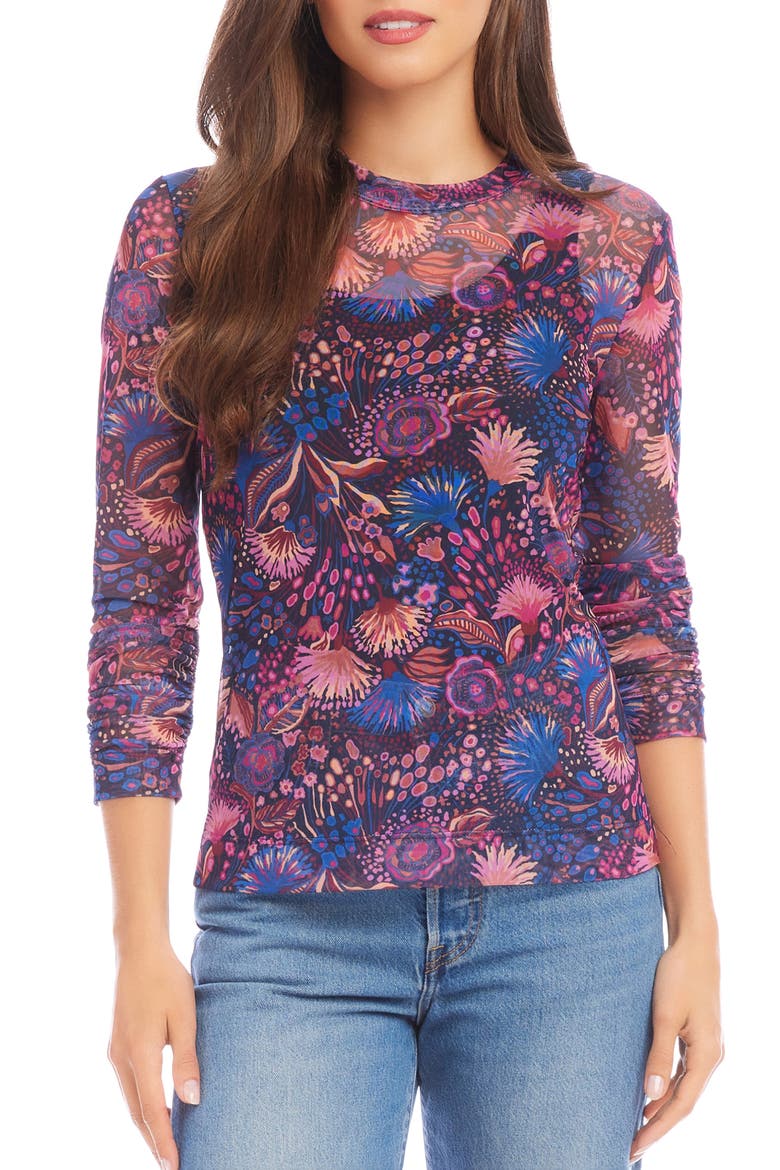 Floral Ruched Sleeve Mesh Top, Main, color, FLORAL PRINT