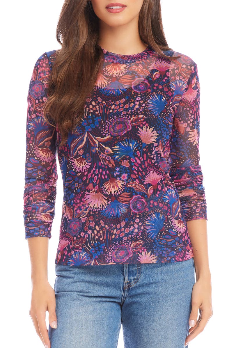 Karen Kane Floral Ruched Sleeve Mesh Top, Main, color,