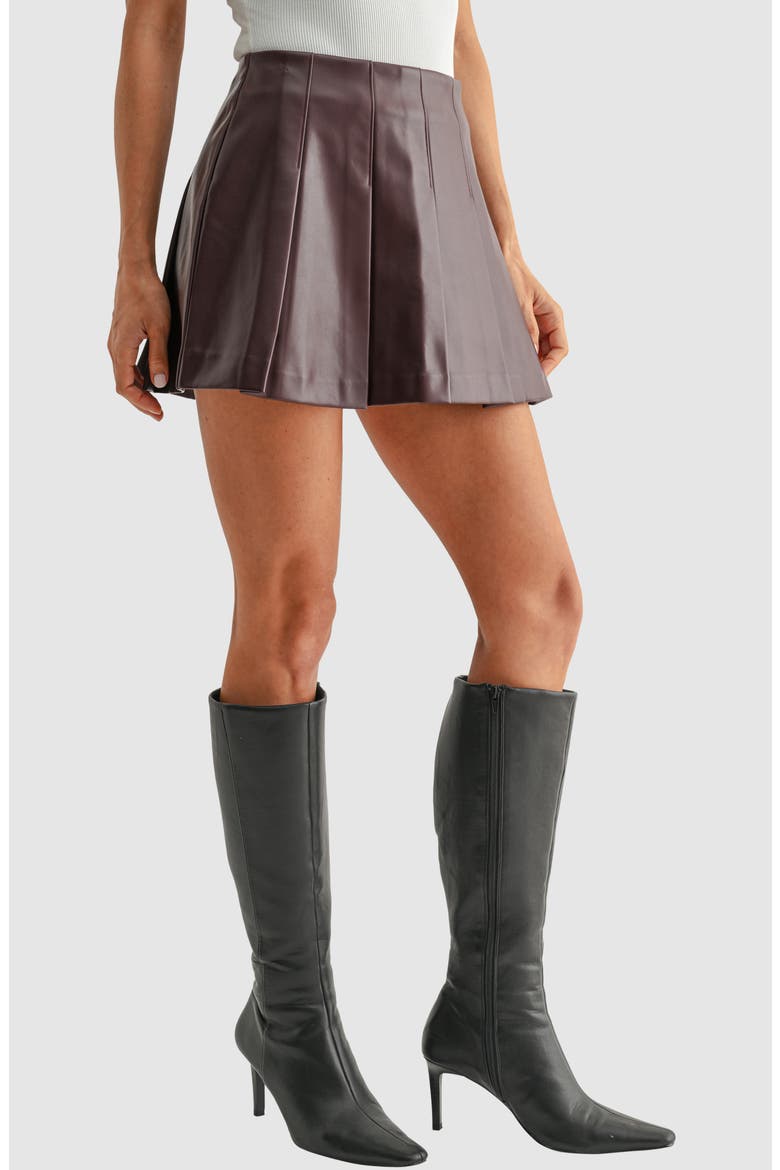 Pleated Faux Leather Miniskirt, Alternate, color, CHERRY BROWN