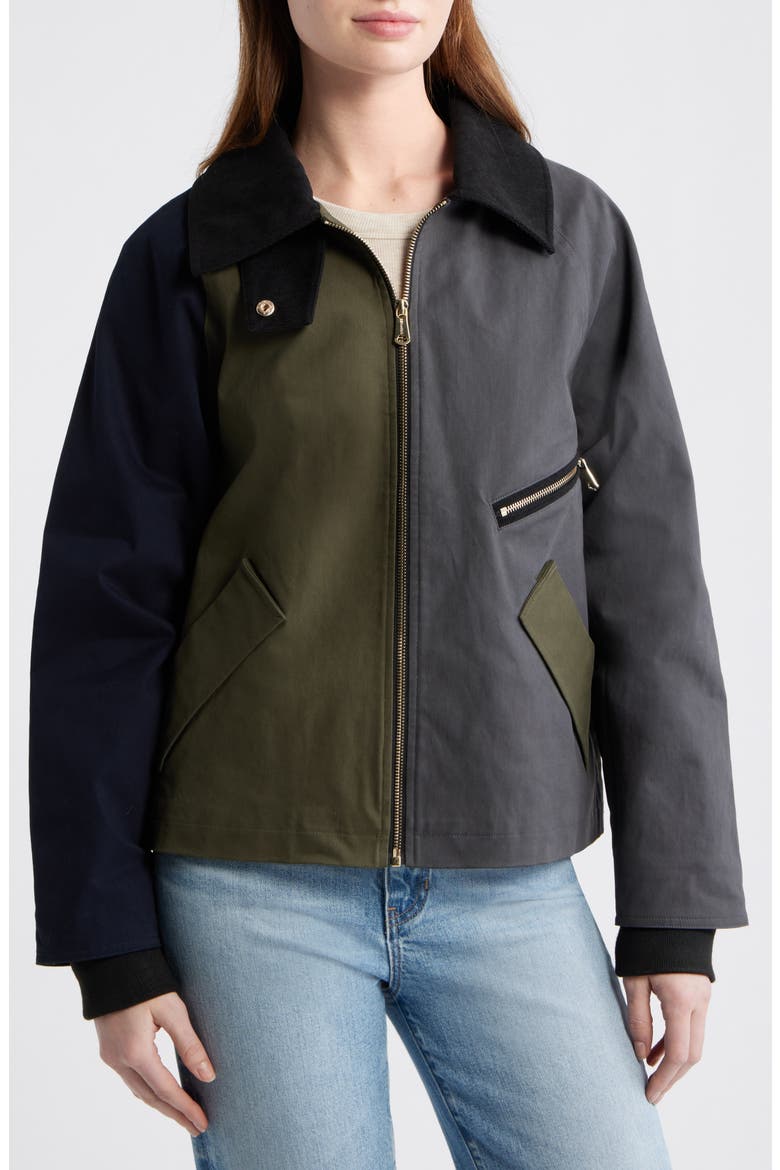 Short Colorblock Stretch Rain Jacket, Alternate, color, OLIVE / NAVY / GREY