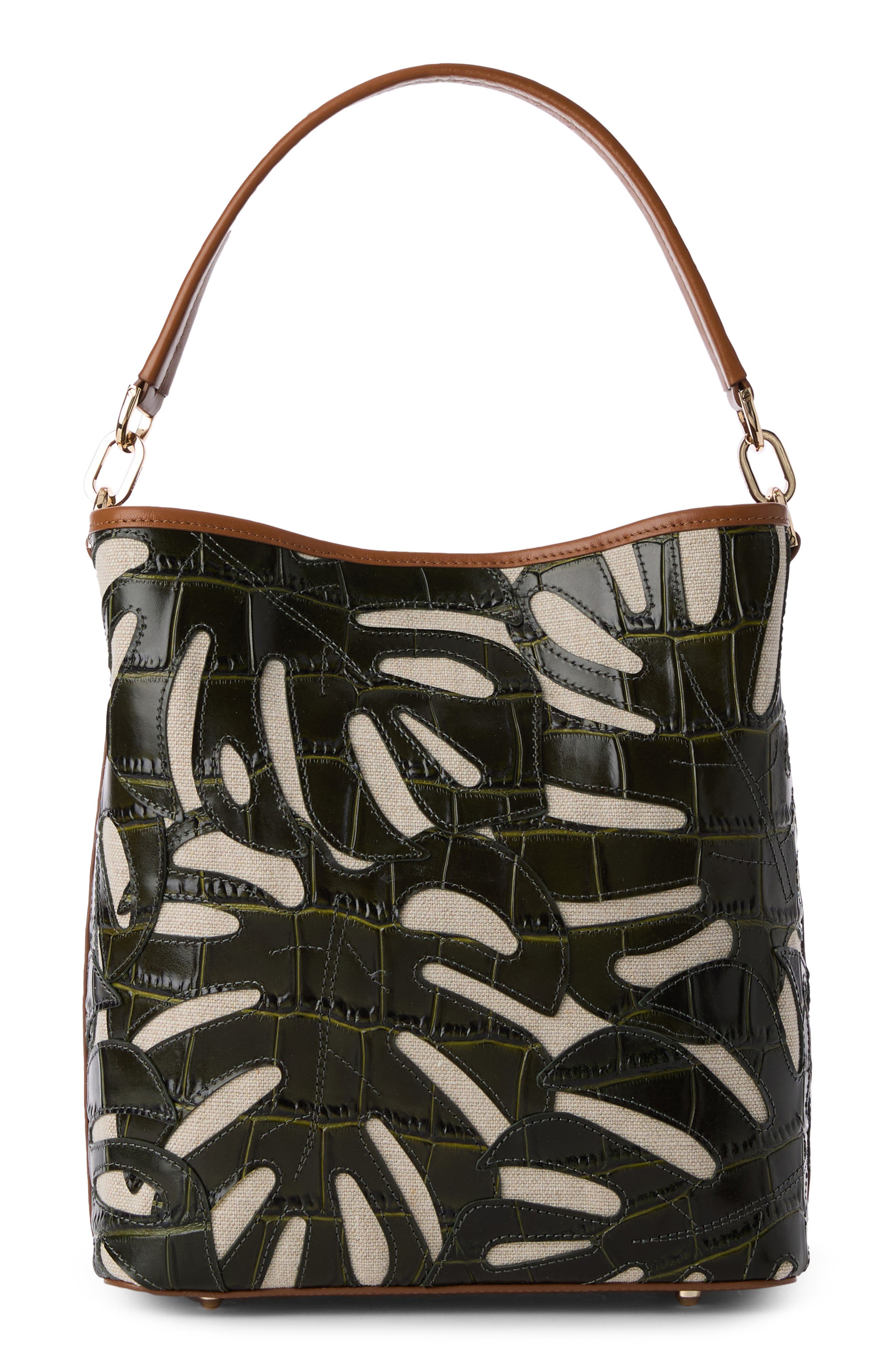 Brahmin Celina Croc Embossed Leather & Linen Bucket Bag, Alternate, color, 