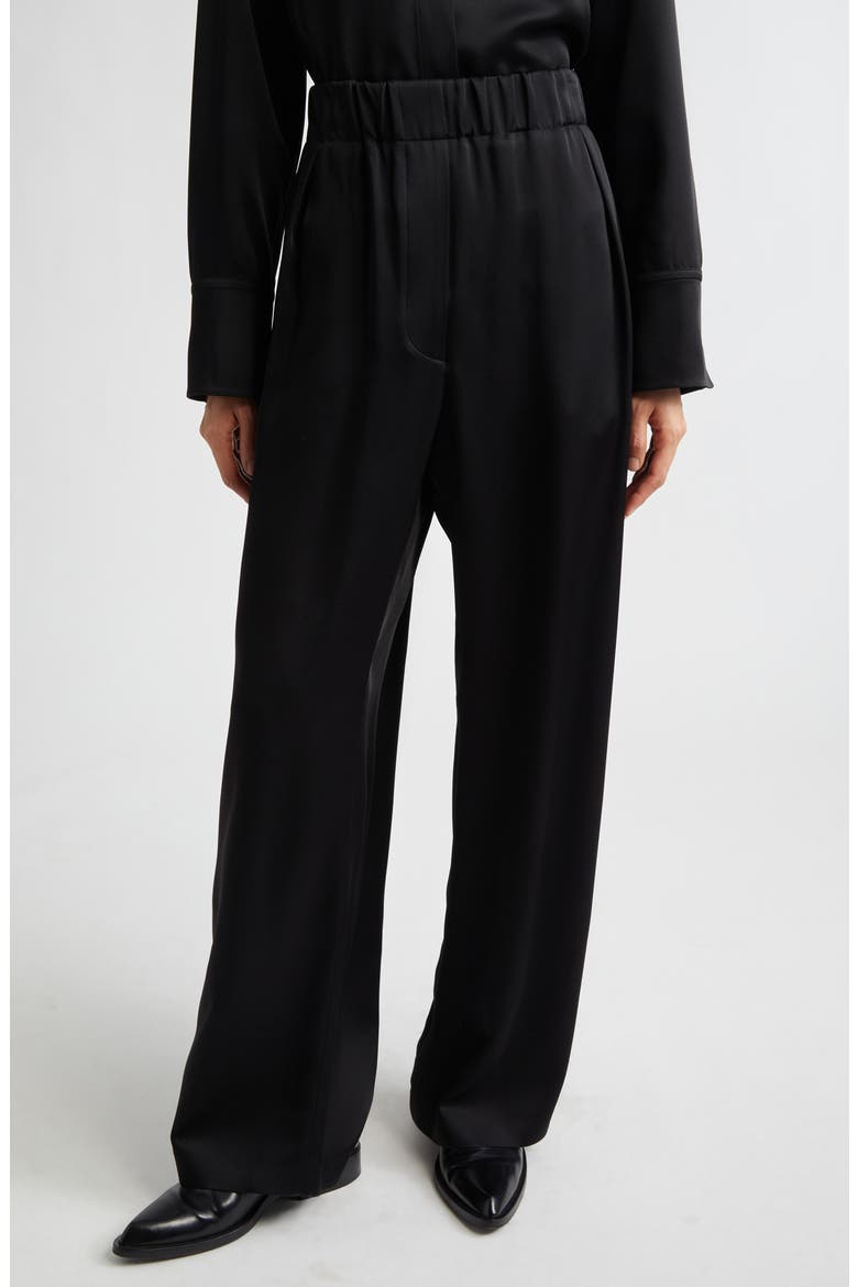 Pleated Satin Wide Leg Pants, Main, color, BLACK