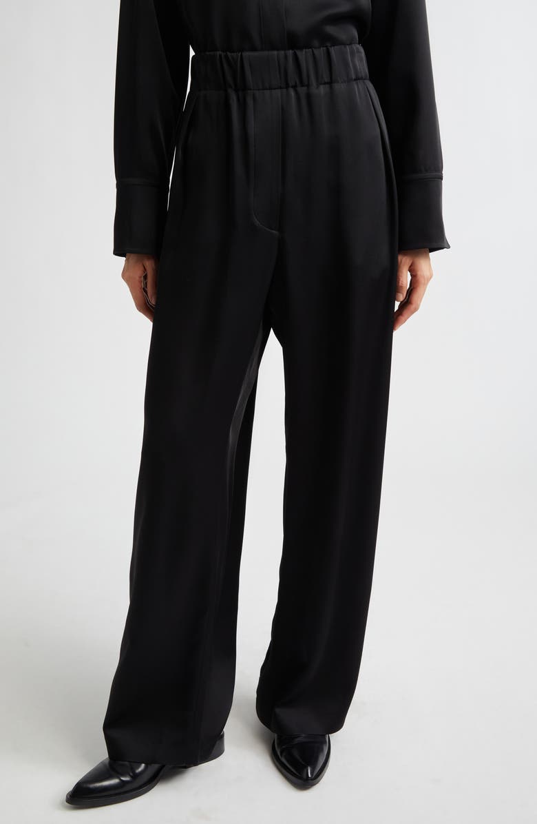 Jil Sander Pleated Satin Wide Leg Pants, Main, color, Black