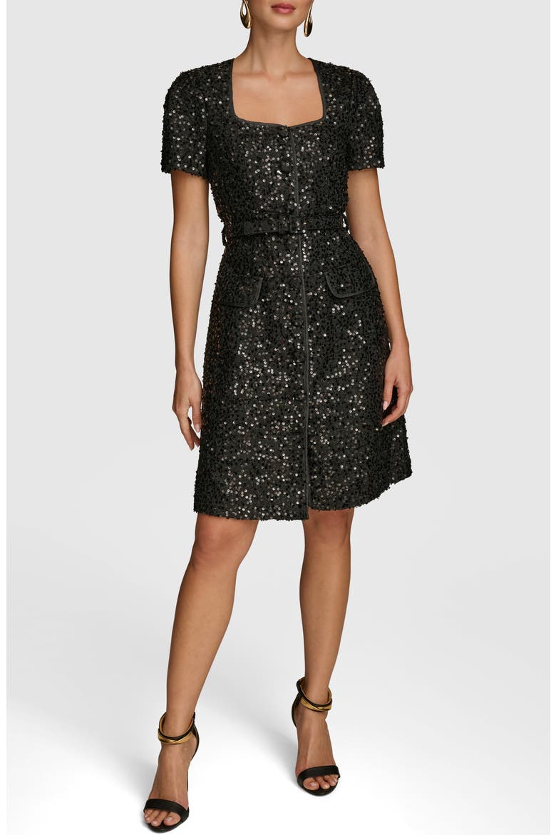 Sequin Belted Button-Up Dress, Main, color, BLACK