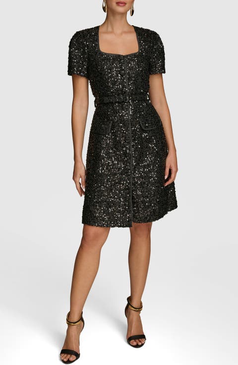 Sequin Belted Button-Up Dress