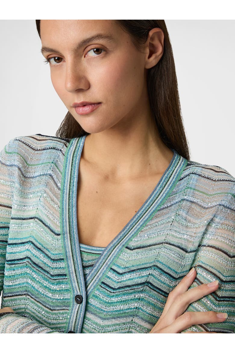 Cardigan In Viscose Chevron Lamé With Sequins, Alternate, color, Turquoise