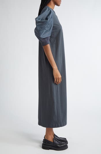 Puff Sleeve Cotton Jersey & Nylon Twill Dress