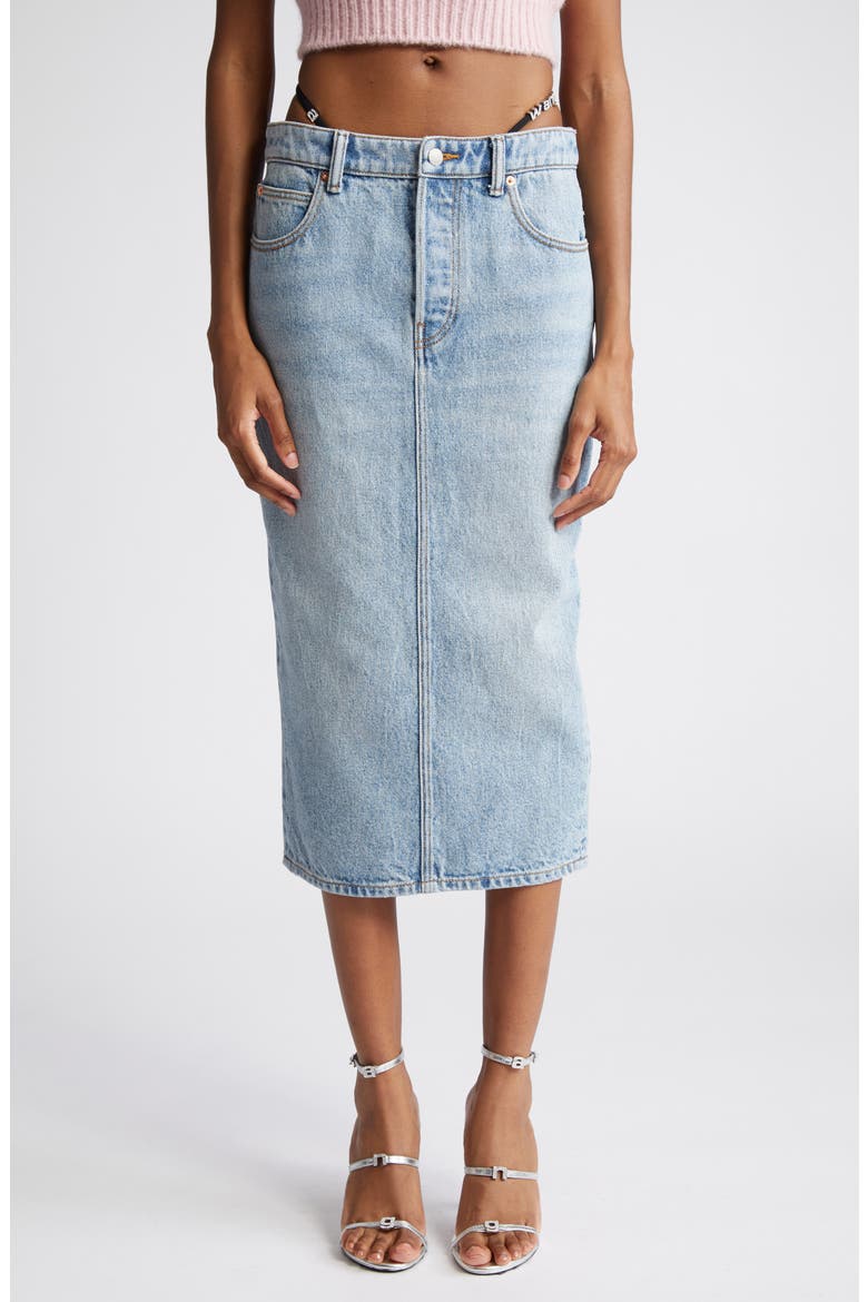 Thong Strap Detail Denim Midi Skirt, Main, color, VINTAGE FADED INDIGO