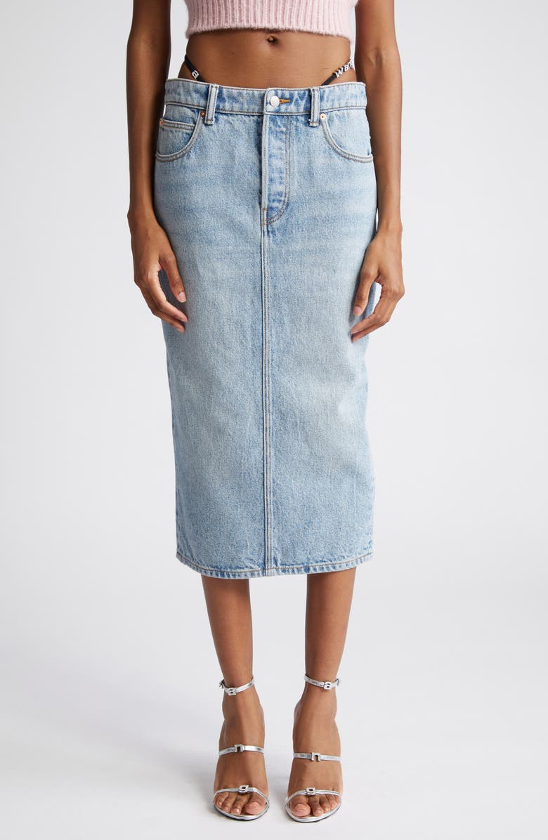 Alexander Wang Thong Strap Detail Denim Midi Skirt, Main, color,