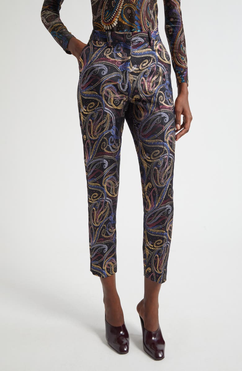 Etro Bristol Paisley Jacquard Crop Duchesse Satin Pants, Main, color, Multicolor Black Base