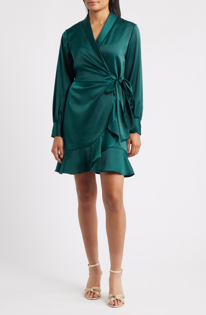 Anne Klein Long Sleeve Ruffle Hem Faux Wrap Minidress, Main, color, Pine Forest