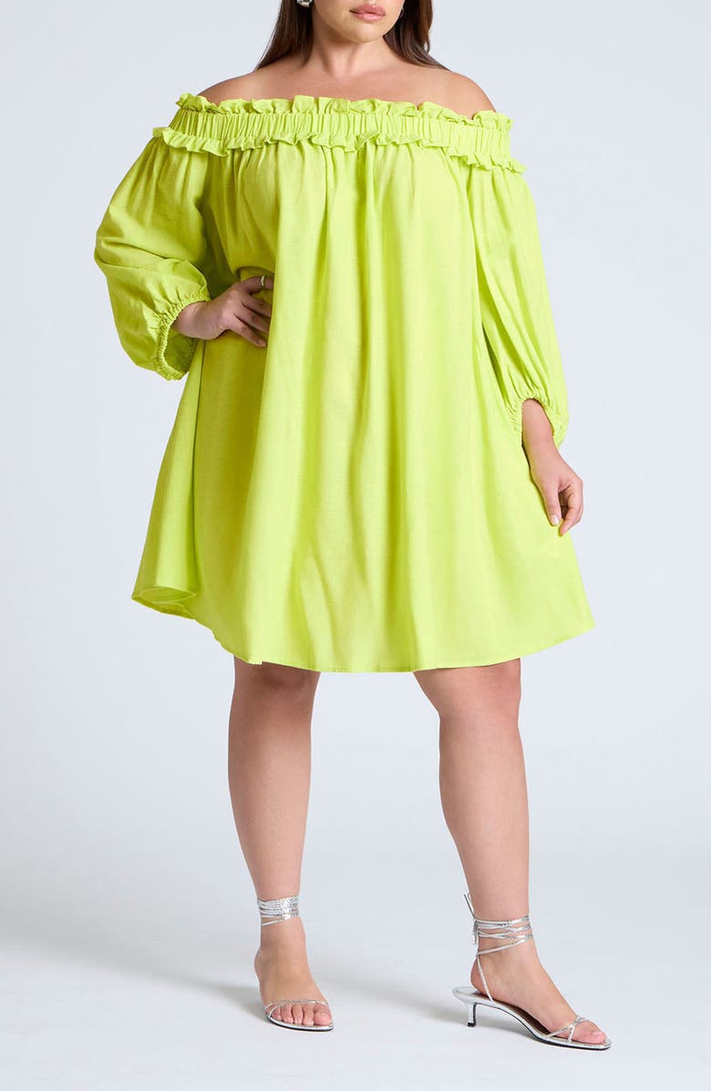 ELOQUII Ruffle Off the Shoulder Long Sleeve Linen Blend Minidress, Main, color, 