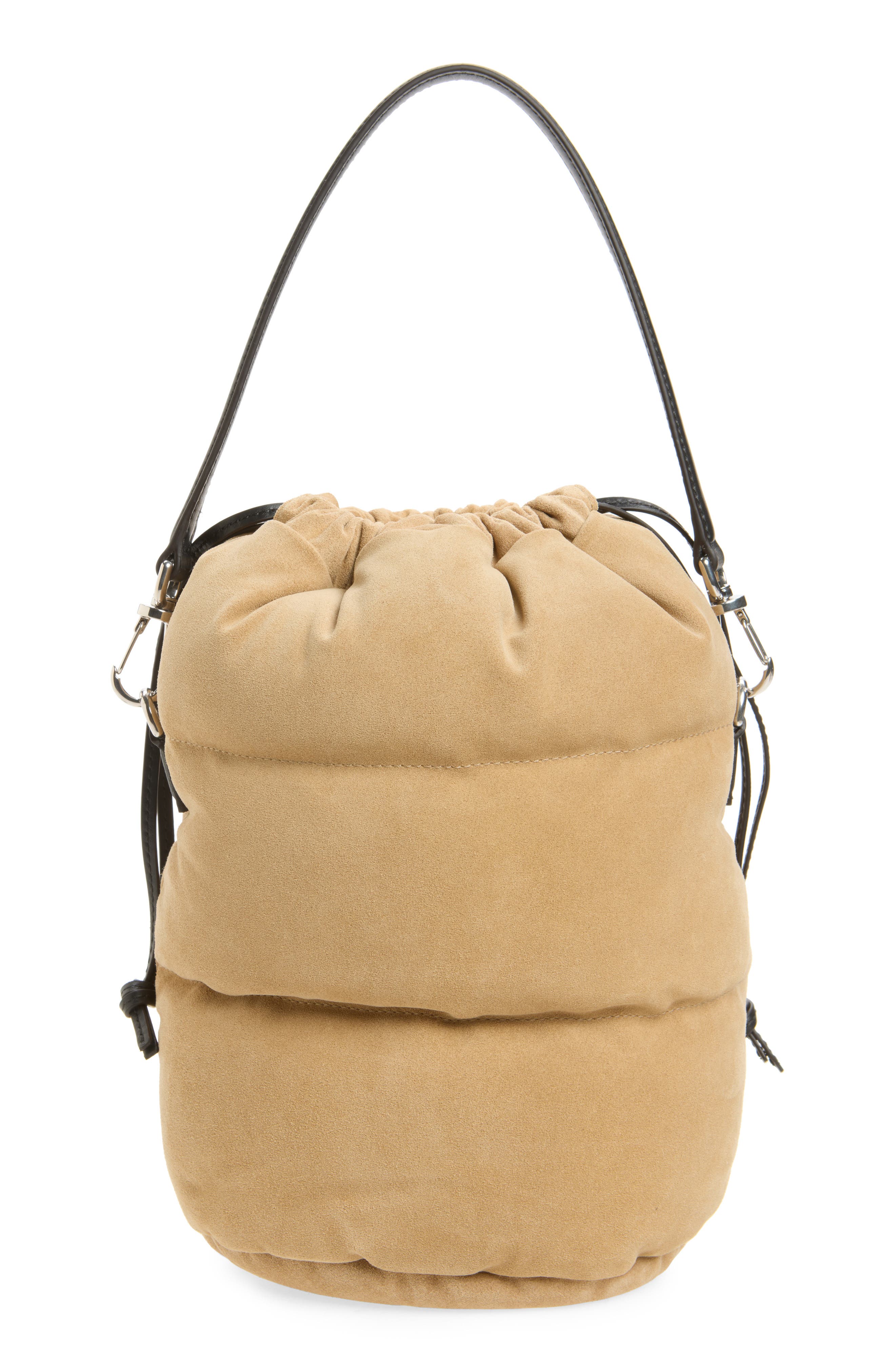 Caradoc Quilted Puffer Suede Bucket Bag, Alternate, color, BEIGE