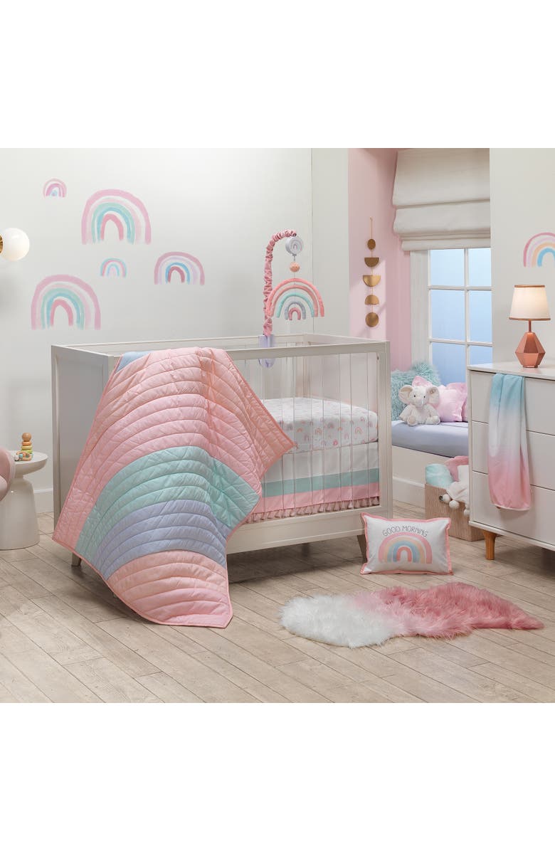 Lambs & Ivy Watercolor Pastel Rainbow 100% Cotton Baby Fitted Crib Sheet, Alternate, color, White Multi