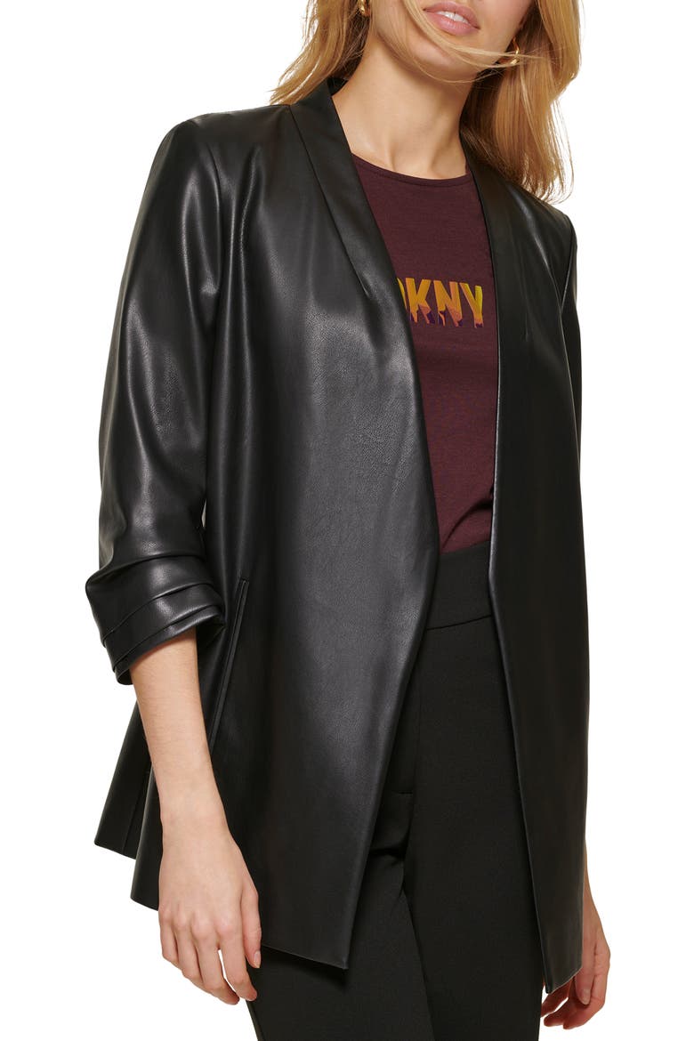 Ruched Sleeve Faux Leather Blazer, Alternate, color, BLACK