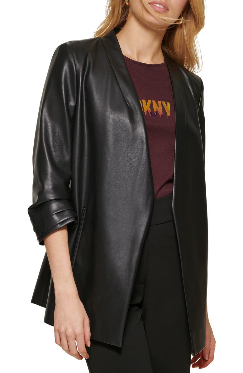 DKNY Ruched Sleeve Faux Leather Blazer, Alternate, color,