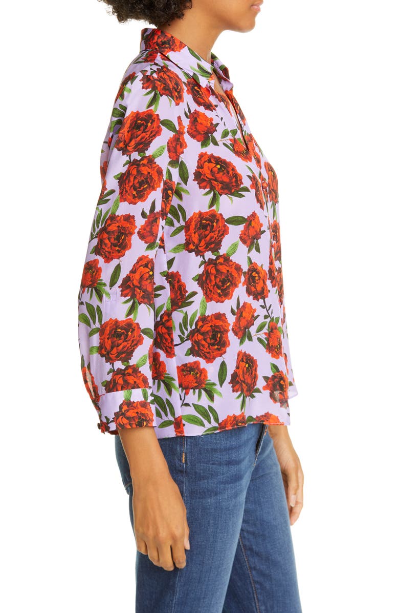 Alice + Olivia Eloise Roll Sleeve Floral Print Silk Blouse, Alternate, color, 