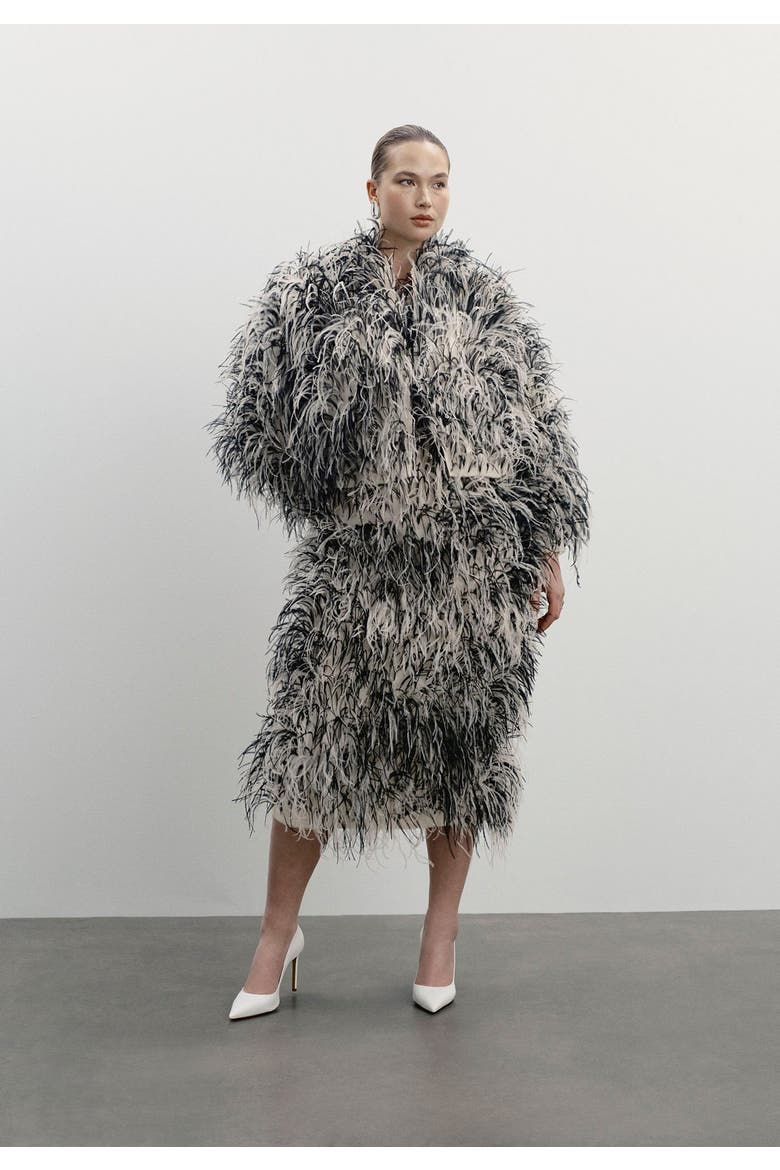 Ostrich Feather Strapless Maxi Dress, Alternate, color, BLACK AND CREAM