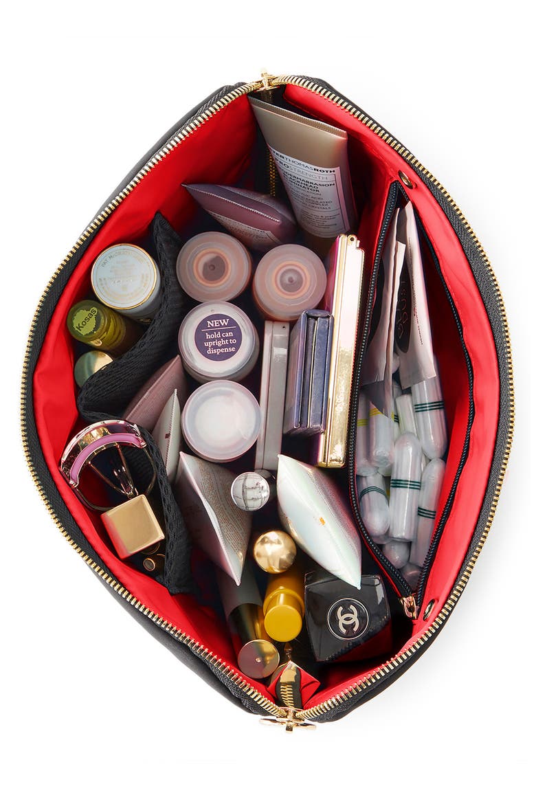 Vacationer Leather Makeup Bag, Alternate, color, BLACK LEATHER/ RED