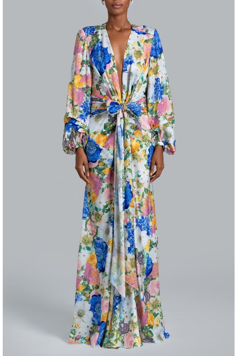 Millie Tie Belt Long Sleeve Satin Gown, Main, color, FLORAL