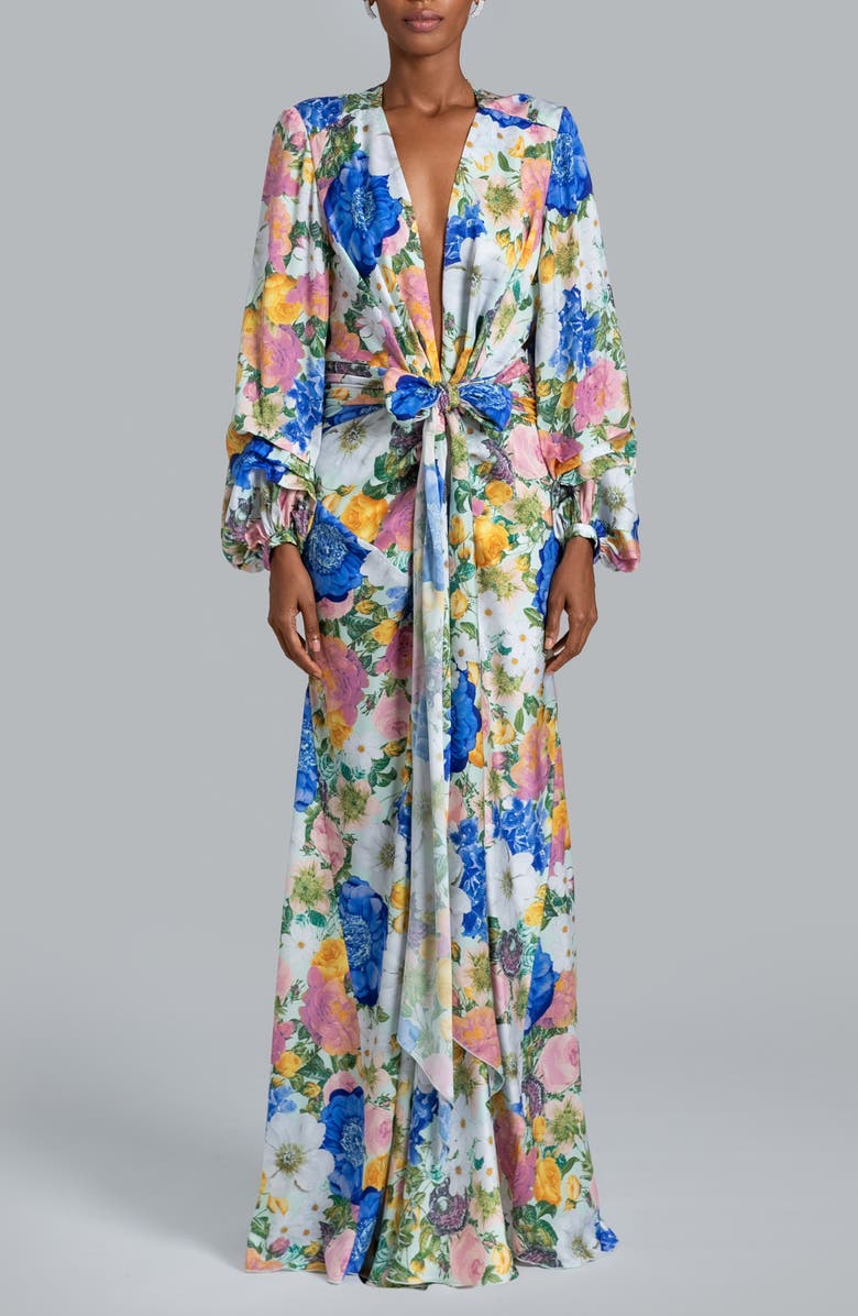 Ghrail Millie Tie Belt Long Sleeve Satin Gown, Main, color, Floral