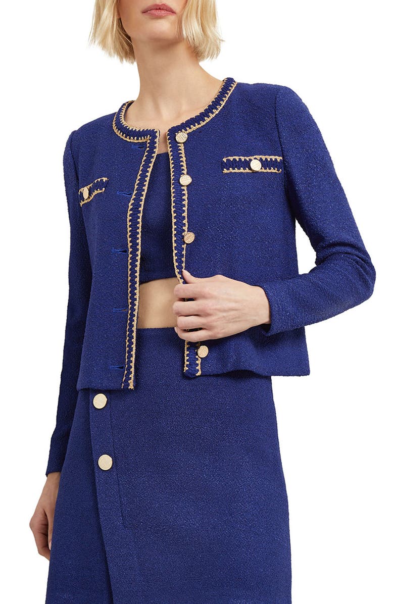Misook Metallic Trim Bouclé Sweater Jacket, Main, color, 
