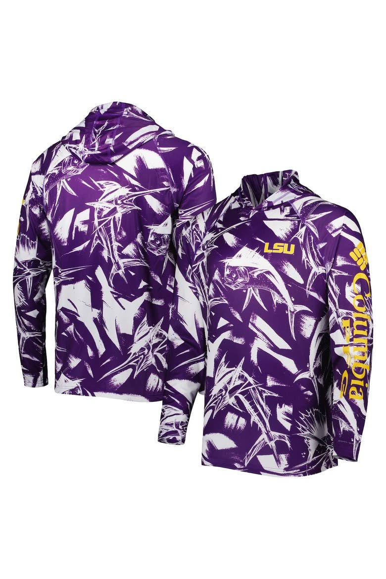 Men's Columbia Purple/White LSU Tigers Super Terminal Tackle Omni-Shade Raglan Long Sleeve Hoodie T-Shirt, Main, color, Purple