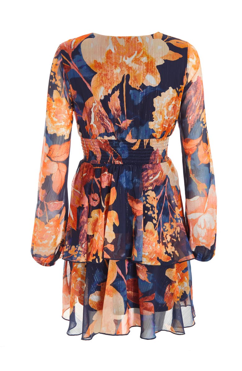 QUIZ Chiffon Floral Lurex Long Sleeve Skater Dress, Alternate, color,