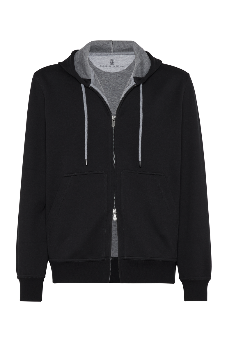 Cotton, cashmere and silk French terry double cloth hooded sweatshirt with zipper, Main, color, Black