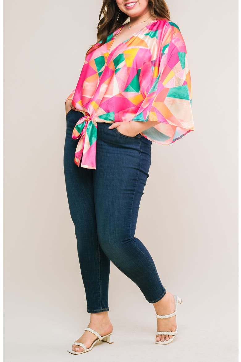Tie Front Print Top, Alternate, color, FUCHSIA TURQUOISE