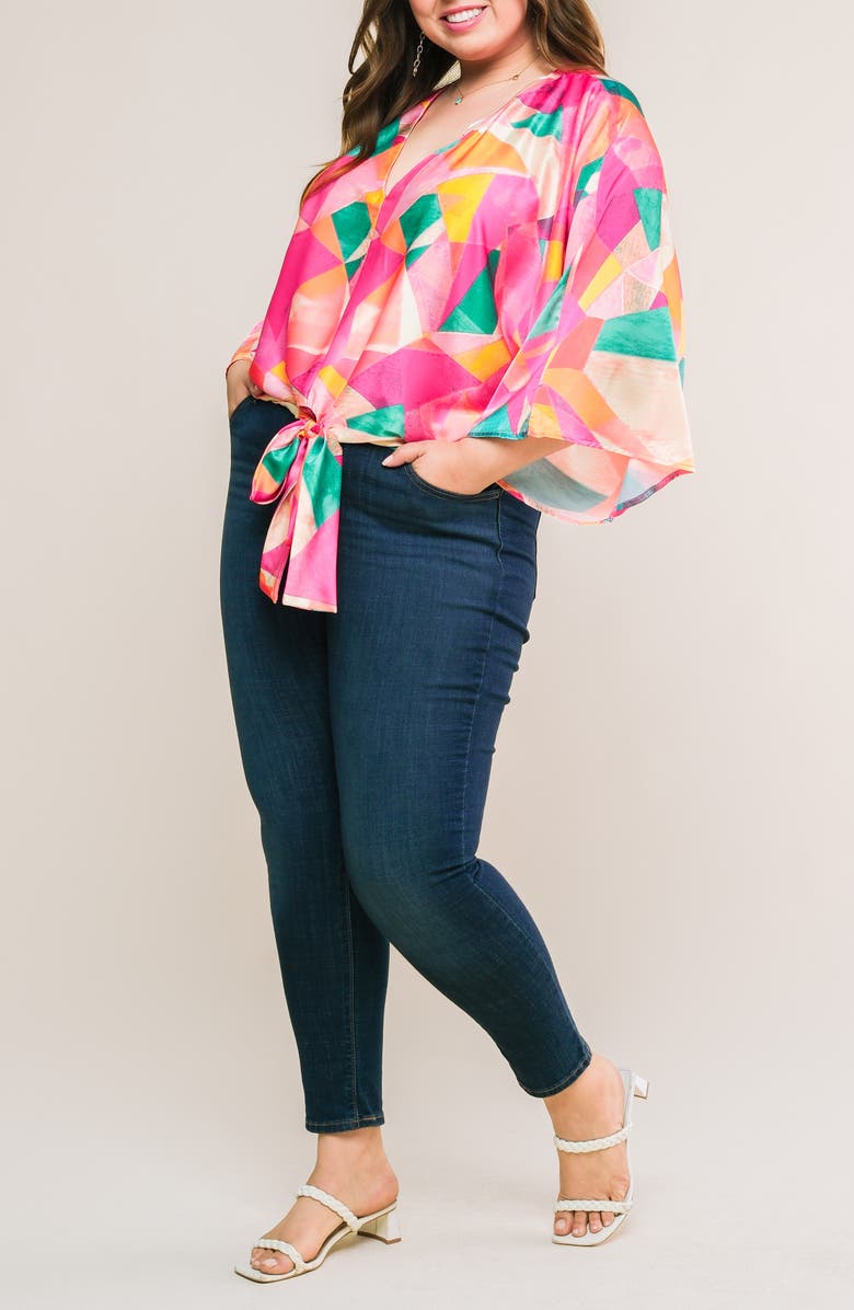 FLYING TOMATO Tie Front Print Top, Alternate, color, Fuchsia Turquoise