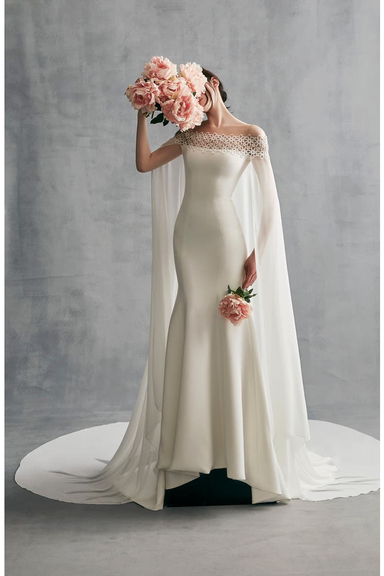 Danica Off the Shoulder Gown with Cape, Main, color, OFF WHITE