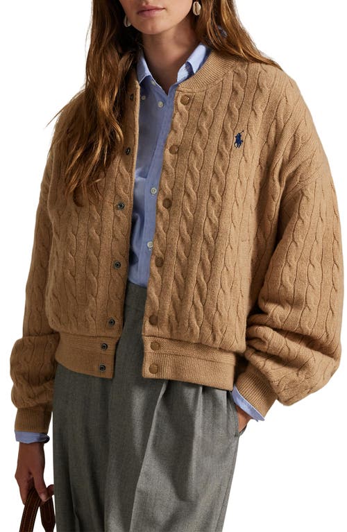Polo Ralph Lauren Cable Stitch Wool & Cashmere Sweater Bomber In Brown