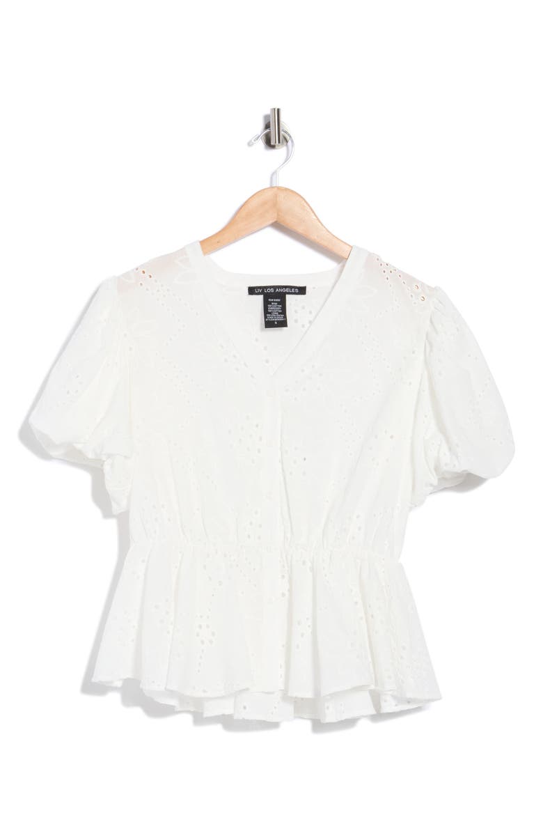 Eyelet Balloon Sleeve Faux Wrap Top, Main, color, WHITE