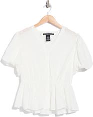 Forgotten Grace Eyelet Balloon Sleeve Faux Wrap Top