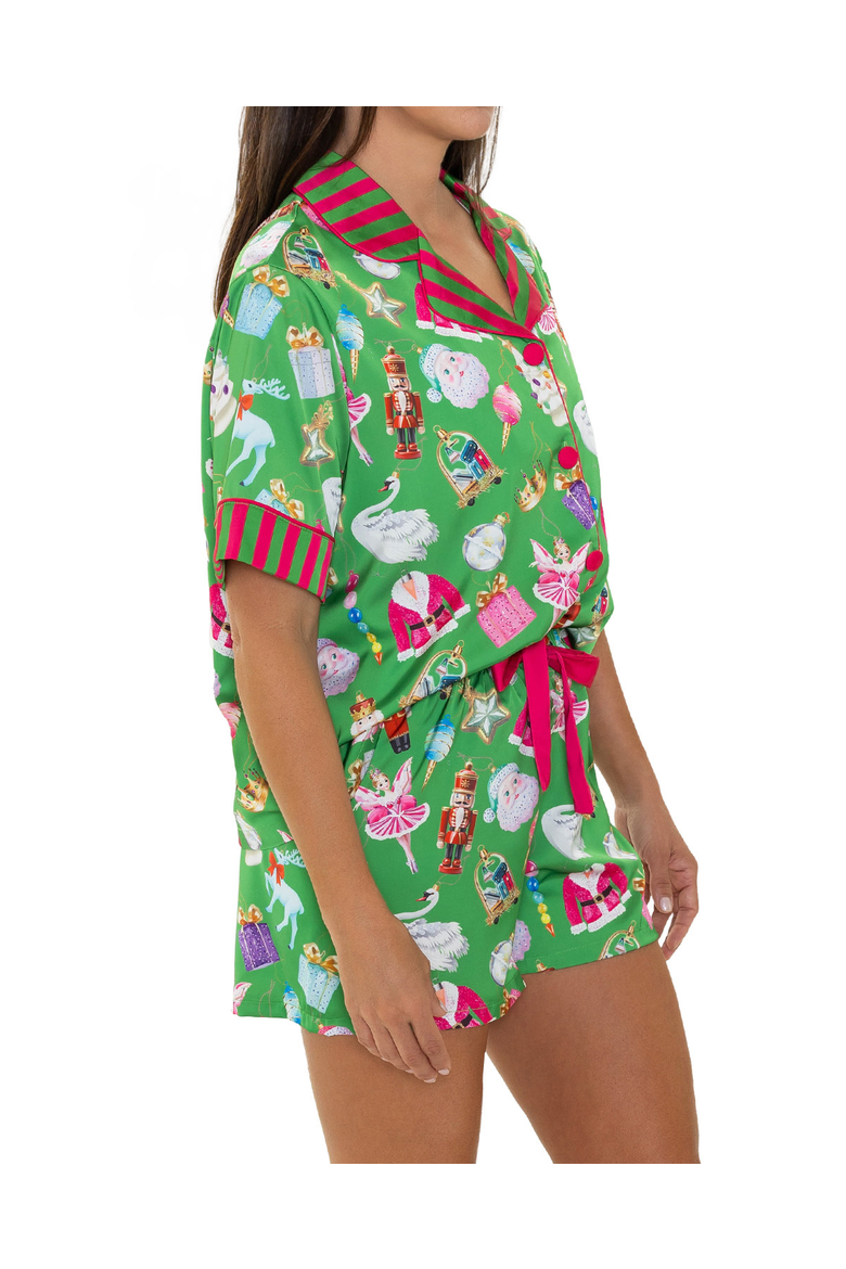 Holiday Bauble Silky Short Sleeve Shorts Set, Alternate, color, Green