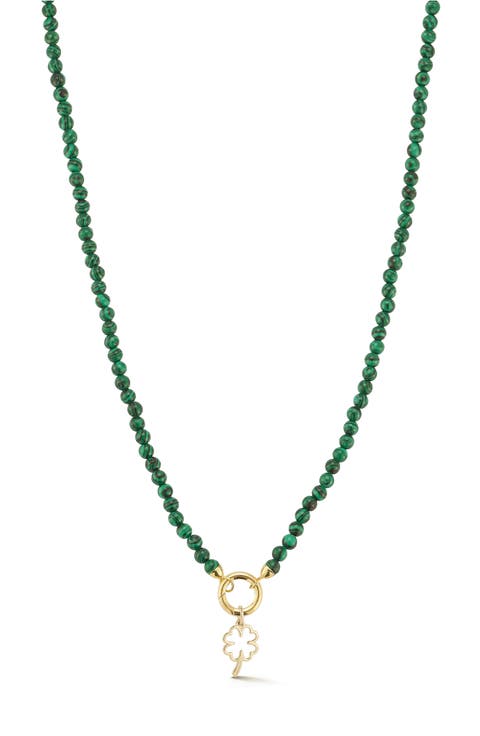 14K Yellow Gold Clover Charm Beaded Necklace