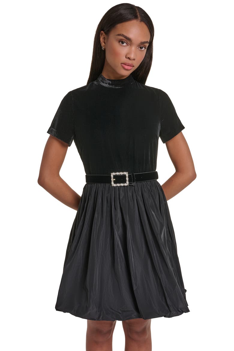 Mixed Media Bubble Hem Dress, Alternate, color, BLACK