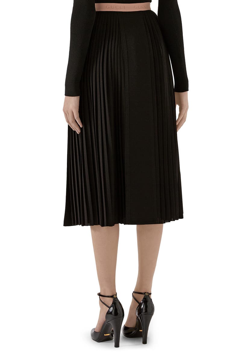 Logo Waist Pleated Wool Crepe Midi Skirt, Alternate, color, BLACK/ MIX