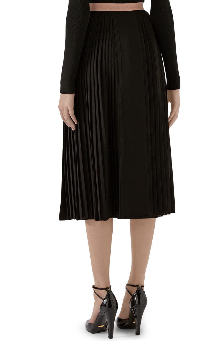 Gucci Logo Waist Pleated Wool Crepe Midi Skirt, Alternate, color,