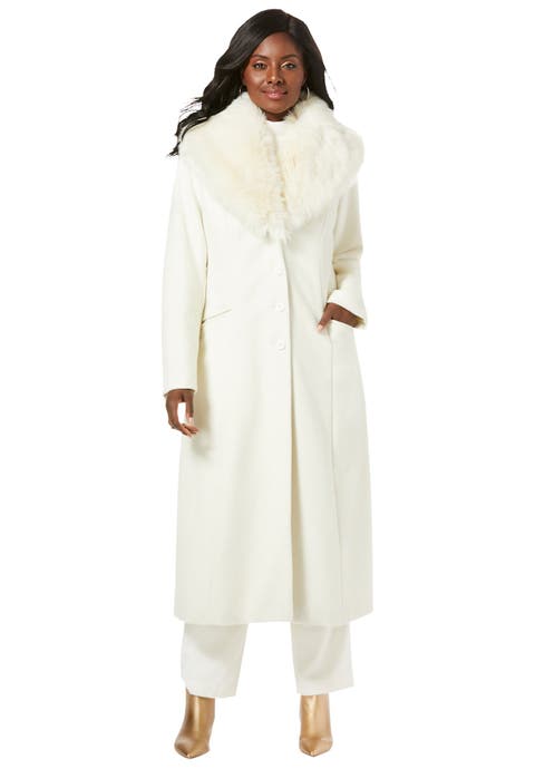 Long Wool-Blend Coat with Faux Fur Collar (Plus Available)