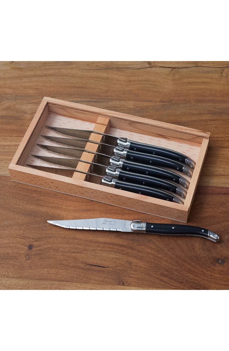 Be Home Laguiole 6 Piece Steak Knife Set, Platine in Wood Box with Acrylic Lid, Alternate, color, Black