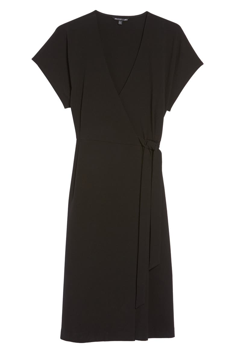 FAUX WRAP DRESS, Alternate, color, BLACK