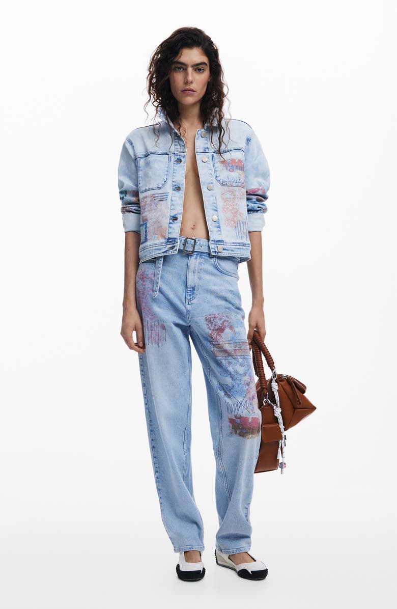 Desigual Patch Print Denim Trucker Jacket, Alternate, color, Medium Blue