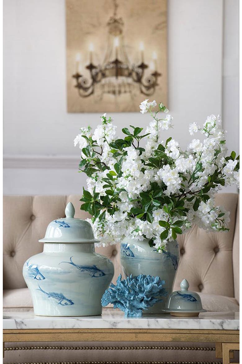 Koi Porcelain Lidded Jar, Alternate, color, WHITE