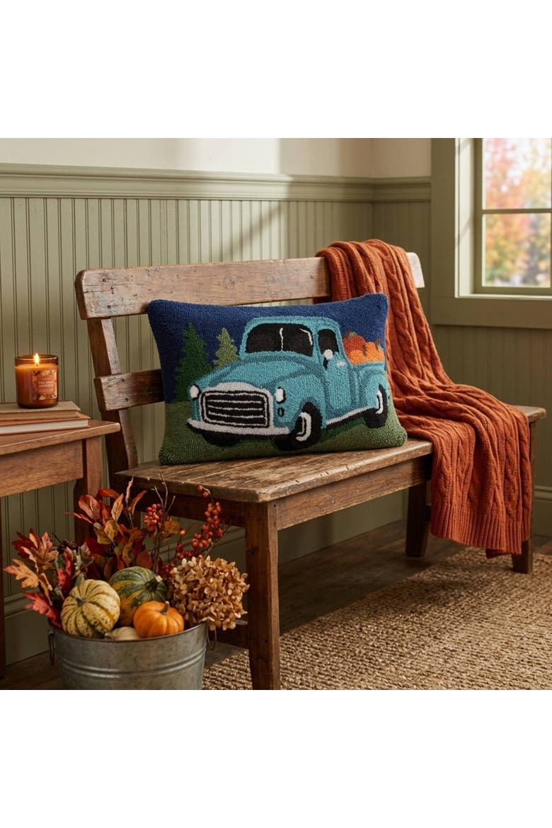 Pumpkin Truck Hooked Pillow, Alternate, color, Blue