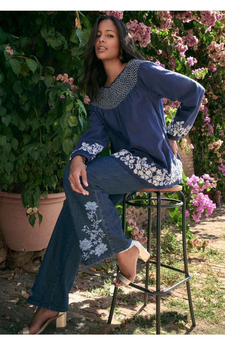 Roaman's Embroidered Smocked Blouse, Alternate, color, Navy Paisley Embroidery